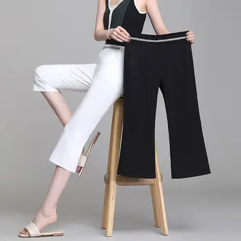 2023 Новый летний универсальный карман, Однотонная женская одежда с эластичной резинкой на талии, укороченные брюки с высокой талией, женские