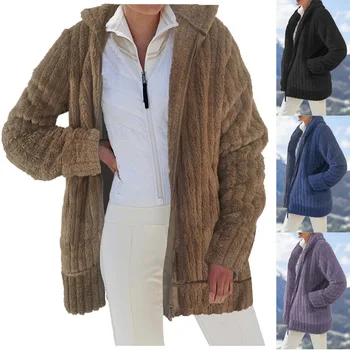 2023 Осень/Зима, Теплое плюшевое Свободное пальто с капюшоном и карманом на молнии, женское