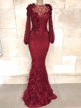 2023 Сексуальные Красные платья Русалки для выпускного вечера с длинными рукавами, расшитыми вручную бисером, Вечернее платье из перьев Vestido Fiesta Noche