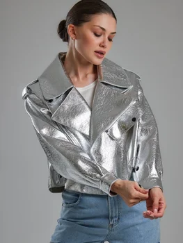 2024 Весеннее Новое пальто, женская Короткая мотоциклетная куртка, винтажная верхняя одежда из искусственной кожи Y2K с длинным рукавом, женская мода, уличная одежда, топы