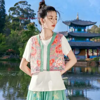 2024 национальный жилет харадзюку, женский жилет с цветочной вышивкой, китайский костюм эпохи тан, традиционный винтажный жилет феи, этнический жилет