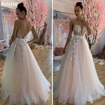 Annie, сексуальные платья для выпускного вечера с кружевной аппликацией из тюля, свадебное платье, вечернее платье, платья для свадебной вечеринки трапециевидной формы с открытой спиной.