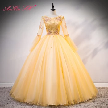 AnXin SH винтажная принцесса с золотым цветком, кружево с круглым вырезом, расшитый бисером, кристалл, длинный рукав-фонарик, иллюзия невесты, бальное платье, вечернее платье