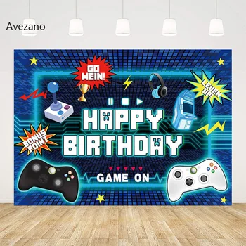 Avezano Фоны для Фотосъемки Game On Go Wein Leven Up Gamepad Blue Boy Плакат С Днем Рождения Фон Декор Фотостудии