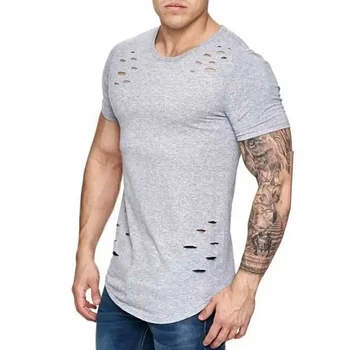 B8658 Рваные футболки с дырками, мужская футболка с коротким рукавом, летняя одежда для фитнеса, мужская забавная однотонная футболка, уличная одежда, тонкие топы, тройники