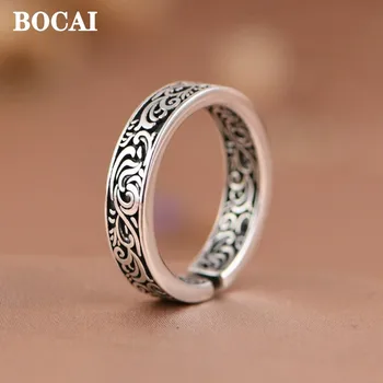 BOCAI Новые 100% серебряные украшения S925 в стиле ретро с литературным рисунком травы, Регулируемое кольцо для мужчин и женщин, модный подарок, Бесплатная доставка