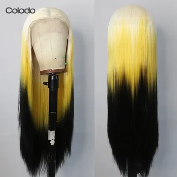 COLODO Прямой парик с кружевом спереди Трансвестит Синтетический Косплей Предварительно Выщипанное Омбре Черного, белого, желтого цвета Парики для женщин Бесклеевые