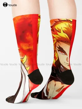 Demon Slayer- Shinjuro Rengoku Flame Hashira Носки для мальчиков Футбольные Носки с мультяшным рисунком, лучшие спортивные носки для девочек, цифровая печать 360 °