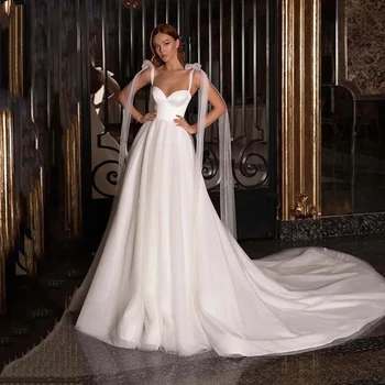 Haohao 2024 Элегантные атласные свадебные платья для невесты с бретельками-спагетти и лентами, гражданские свадебные платья принцессы без спинки, недорогие