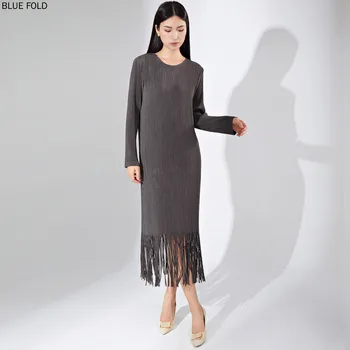 MIYAKE PLEATS-Женское элегантное трикотажное платье, Высокого качества, Свободное, Круглый вырез, Длинные рукава, С бахромой, Плиссированный Халат, Новый дизайн