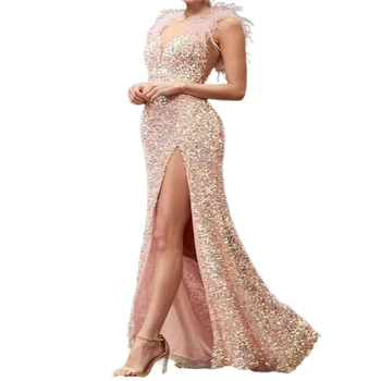 MULONG Said Роскошные Дубайские розовые вечерние платья Русалки с рукавами 2023, Арабские вечерние платья для гостей на свадьбу с разрезом сбоку