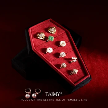 TAIMY Gothic Velvet Jewelry Coffin Ring Box Портативный дорожный органайзер на Хэллоуин Плюшевая персонализированная подарочная упаковка с логотипом ювелирных изделий