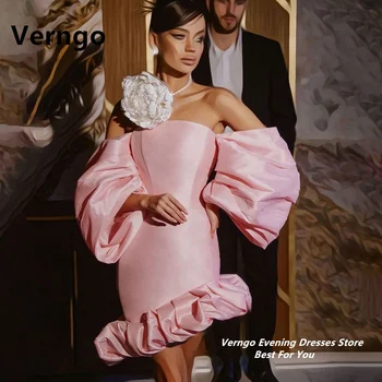 Verngo, Розовое атласное платье с открытыми плечами и пышными рукавами для выпускного вечера, вечерние платья без бретелек, платья для официальных мероприятий, мини-платье для выпускного вечера