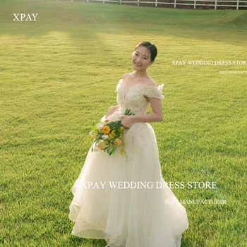XPAY Элегантные свадебные платья из тюля с открытыми плечами в корейском стиле для фотосессии, свадебные платья в стиле Кантри, свадебные платья в саду на шнуровке сзади