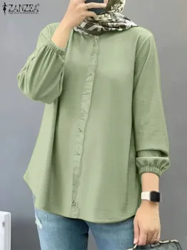 ZANZEA Осенняя рубашка с длинным рукавом и оборками, женские Винтажные Однотонные рабочие топы, модные мусульманские блузки-абаи, Хиджаб, повседневная сорочка