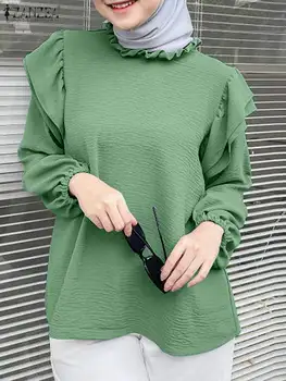 ZANZEA Элегантная мусульманская блузка, Женские Модные Свободные Топы, Осенняя Повседневная рубашка с длинным рукавом, Дубайский Кафтан, Турецкая Абая, Азиатская одежда