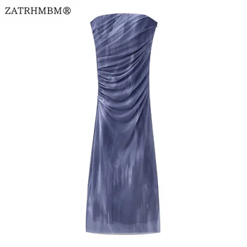 ZATRHMBM Женское модное тюлевое платье с принтом с открытыми плечами, винтажная молния сбоку, сексуальное пляжное платье с открытой спиной 2023, летние каникулы, пляжные платья