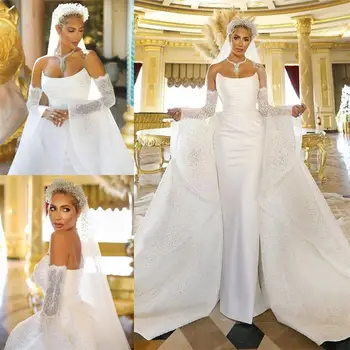 Атласные свадебные платья русалки без бретелек со съемным шлейфом, свадебные платья больших размеров, дизайнерское свадебное платье 2021