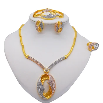 Африканское ювелирное ожерелье-шарм, серьги, Золотые ювелирные наборы из Дубая для женщин, Свадебный Браслет, Кольцо, Набор ювелирных украшений из хрусталя