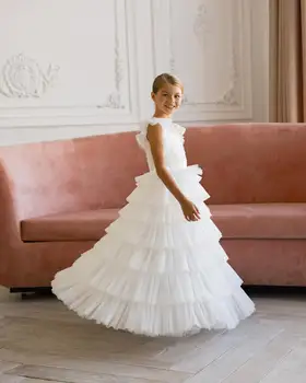 Белое свадебное платье с цветочным узором для девочек, многослойное платье принцессы из тюля в стиле бохо, расшитое бисером, детское бальное платье для Первого причастия, праздничное платье