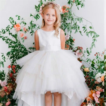 Белый Ангел Без рукавов, Тюлевое кружевное платье в цветочек для девочек, Бальное представление принцессы, Первое Причастие, Детский подарок-сюрприз на День рождения