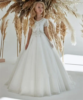 Блестящее белое платье с цветочным узором для девочек на свадьбу, аппликация из пайеток, V-образный вырез с бантом, платье для вечеринки в честь Дня рождения принцессы