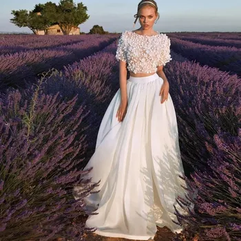 Богемное свадебное платье-двойка из атласа с круглым вырезом и 3D цветочными кружевными аппликациями, свадебные платья в стиле Кантри Vestidos De Novia