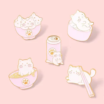 Булавки с эмалью для кошек и еды, изготовленные на заказ Розовые палочки для еды, броши для лапши, Металлические значки на лацканах, украшения для рюкзаков, подарки оптом