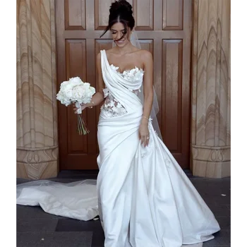 Великолепное свадебное платье с белыми 3D цветами, элегантные платья-футляры со складками в виде сердца, модные платья для невесты длиной до пола, придворный шлейф.