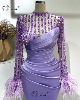 Великолепные хрустальные бусы, Фиолетовое вечернее платье для вечеринок, Дубай, длинные рукава, Атласные платья для церемоний, платья для выпускного вечера, vestidos
