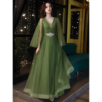 Вечернее платье из тюля с длинным бриллиантовым поясом, платья подружек невесты с длинными рукавами, Зеленое сексуальное свадебное платье с V-образным вырезом, Элегантное модное платье