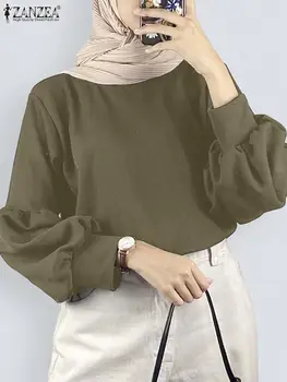 Винтажная повседневная Дубайская турецкая рубашка с Абайей и хиджабом ZANZEA, модная женская блузка с длинным рукавом-фонариком, осенние однотонные Свободные мусульманские топы