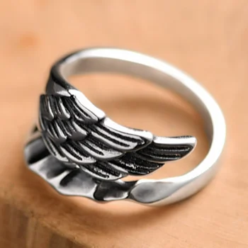 Винтажное кольцо Ангела и демона, Мужское одиночное кольцо, Тайское серебро, черные крылья Ангела, кольцо со стрелой из перьев