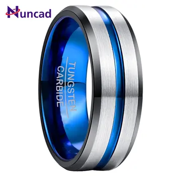 Вольфрамовое мужское кольцо NUNCAD Шириной 8 мм, Скос внутреннего кольца с черным гальваническим покрытием + синяя канавка / Стальное матовое кольцо T176R