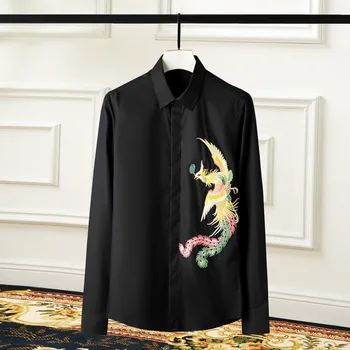 Высококачественная Роскошная ювелирная Повседневная атласная рубашка с принтом китайского Феникса с длинным рукавом и вышивкой для Mengood