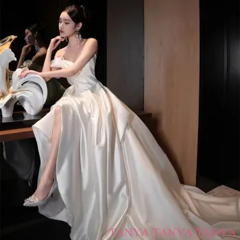 Высококачественные свадебные платья трапециевидной формы, простое плиссированное свадебное платье без бретелек на одно плечо, элегантное стильное Vestidos De Noiva SWD896