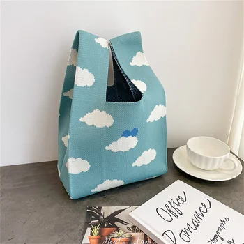 Вязаные сумки в стиле Ретро с облаками, женская портативная сумка, модная тканая сумочка для покупок, мини-сумка на запястье с узлом, студенческая сумка-тоут, хозяйственная сумка