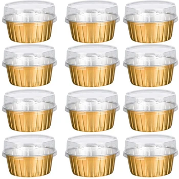Десертные стаканчики с крышками, 75 упаковок держателей для выпечки из золотой алюминиевой фольги, Формочки для выпечки кексов, Прозрачные стаканчики для пудинга