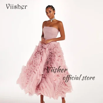 Детские платья для выпускного вечера Viisher из розовой органзы без бретелек, трапециевидное вечернее платье чайной длины, сказочные вечерние платья для выпускного вечера на шнуровке сзади
