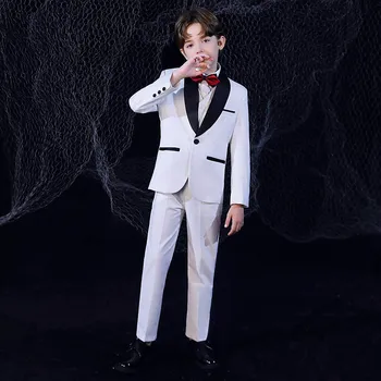 Детский сияющий Белый Роскошный жакет, жилет, Рубашка, Брюки, галстук-бабочка, праздничное платье из 5 предметов, костюм для фотосъемки для мальчиков, детский костюм для выступлений