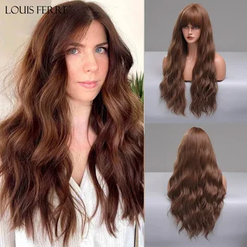 Длинные коричневые волнистые парики LOUIS FERRE, синтетические парики, медово-коричневый парик с челкой, высокотемпературное волокно для чернокожих женщин, термостойкие
