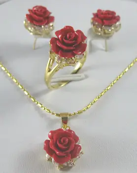 Женская свадьба красивое кольцо с резным цветком из красного коралла 12 мм, ожерелье, подвеска, моданатуральная роскошь, Свадьба Ms. girl
