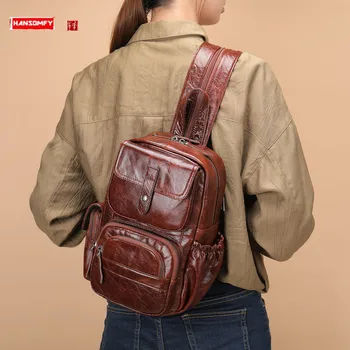 Женский рюкзак из натуральной кожи, женская сумка через плечо, ретро-масло, восковая кожа, iPad, нагрудные сумки из воловьей кожи, новинка 2023 года