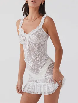 Женское платье-комбинация, кружевное платье без рукавов с открытой спиной, облегающее прозрачное платье, летнее мини-платье для клубной вечеринки