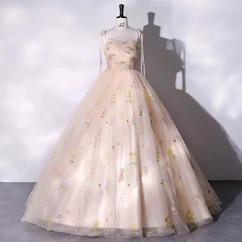 Изысканное пышное платье на бретельках цвета шампанского с цветочным принтом, бальное платье для вечеринки, большие размеры, Vestidos De 16 Quinceanera