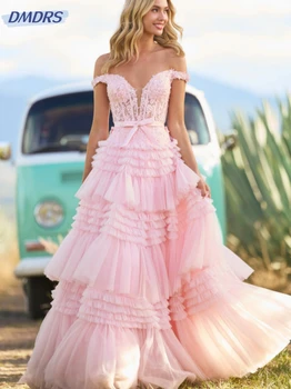 Изящный халат невесты с открытыми плечами, Классические аппликации, блестки, свадебное платье розового силуэта, Многоуровневое Длинное свадебное платье Robe De Mariée