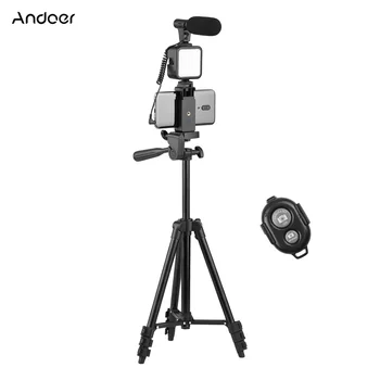 Комплект Andoer-штатив 05LM, комплект для видеоблогинга для смартфона с держателем телефона, микрофон, светодиодная подсветка, дистанционный затвор для камеры телефона