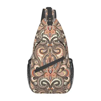 Кораллово-коричневый рюкзак через плечо с рисунком пейсли для мужчин, изготовленный на заказ в богемном стиле с цветочным рисунком, нагрудная сумка для путешествий, рюкзак для путешествий