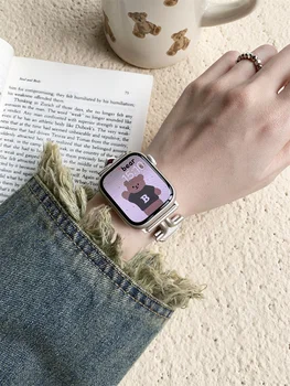 Корейский Металлический Джинсовый Кожаный Ремешок Для Apple Watch 8 7 SE 6 5 4 3 Lady Blue Ремешок-браслет Для iwatch Ultra 49 мм 41 мм 45 мм 44 40 мм