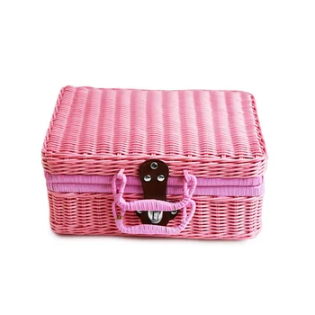 Корзина для пикника из ротанга в стиле ретро, тканый чемодан, ручной работы, реквизит для хранения фотографий, розовый